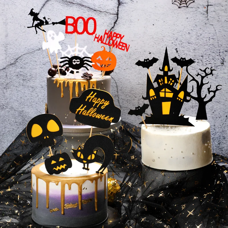 

Happy Halloween Cake Topper Pumpkin Ghost Bat Witch Ghost Castle Black Cat Horror Cupcake Toppers Halloween Party Baking Decor