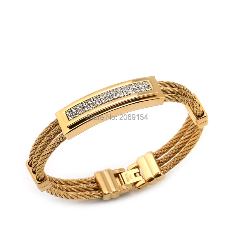 

Gold Wristband Men Jewelry Charm Stainless Steel Czech Drill Bracelet Fashion New Classic Bangle