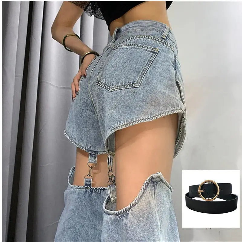

Retro Detachable Denim Trousers Female Straight Loose High Waist Slim Pants Spring Sexy Design Personality Stitching Shorts Y469