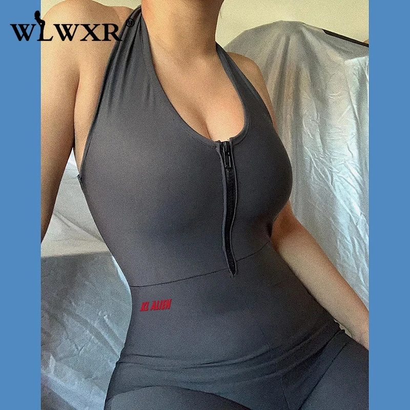 Женский комбинезон на молнии WLWXR черный слитный с открытой спиной Длинный