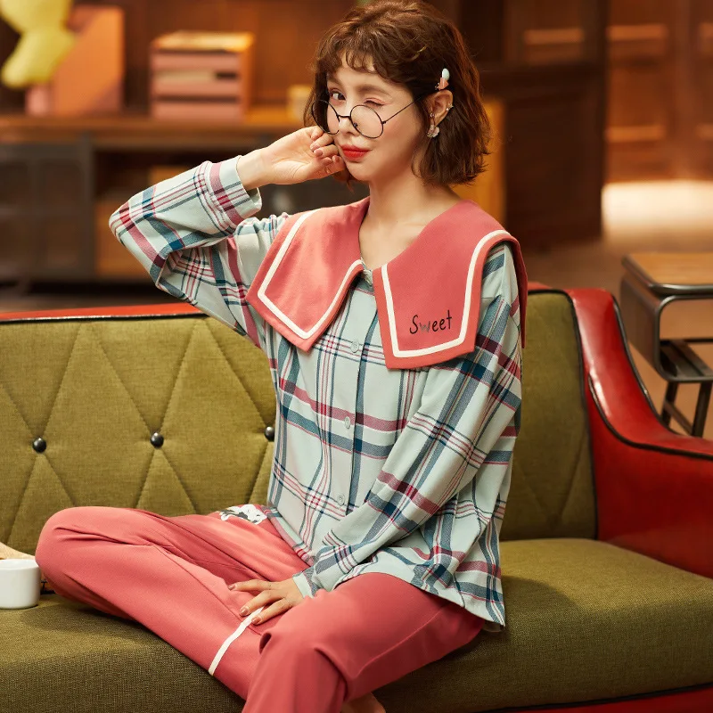 

Autumn College Style Women's Cotton Pajama Set Sweet Cute Pajamas Casual Soft Homewear Navy Collar Long Sleeve Lattice Sleepwear