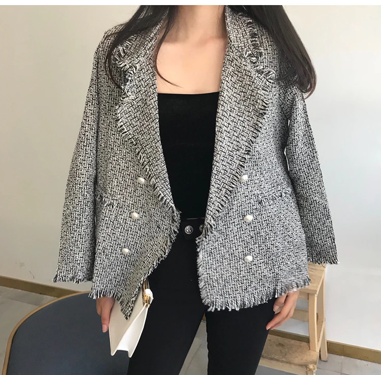 

Autumn Winter Wool Thicken tweed Women blazers Female 2019 Cotton Coat Office Ladies Elegant Casual Thin Blazer For Women S0225