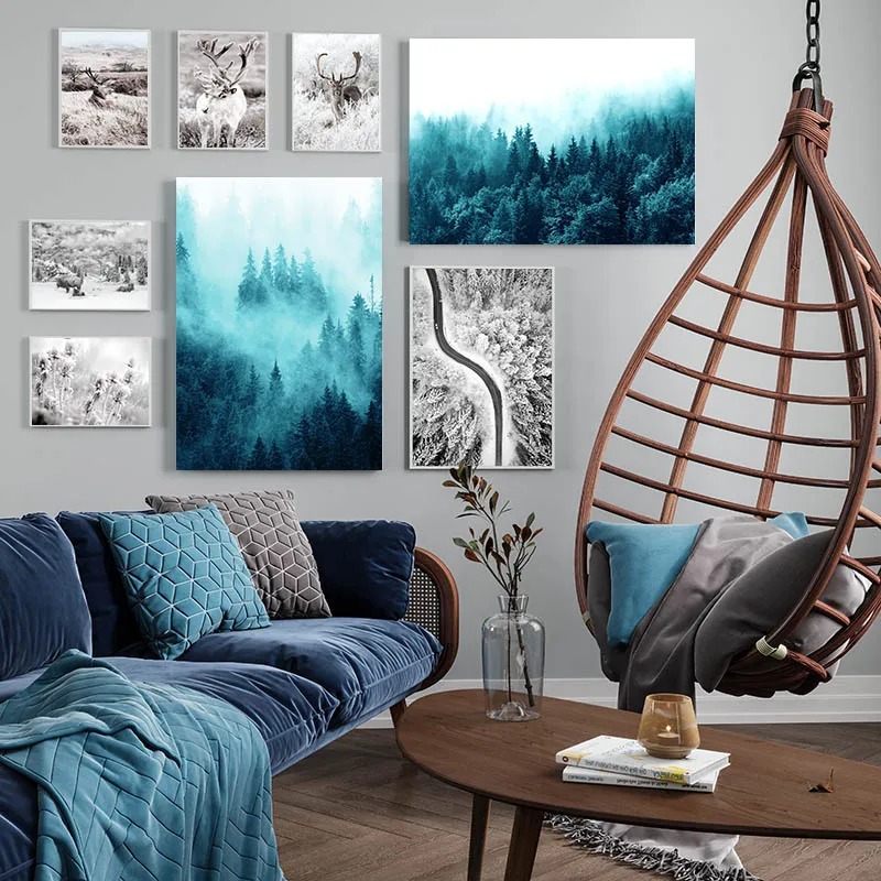 Snow Winter Forest Deer Nature Landscape Poster Nordic Canvas Print Wall Art Painting Scandinavian Decoration Picture Home Decor | Дом и сад