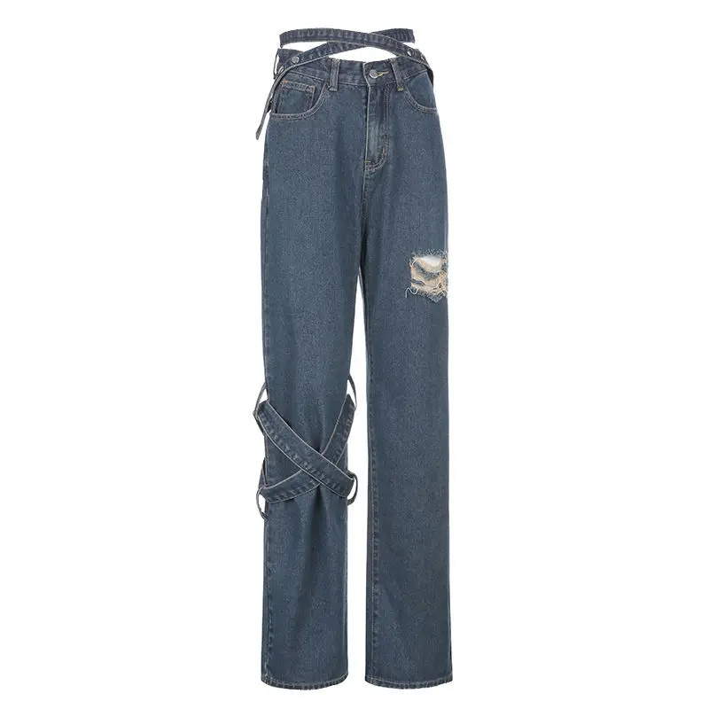 

Women's plus size jeans 200 kg feature holes hollow cross high waist slimming casual straight long pants fat mm