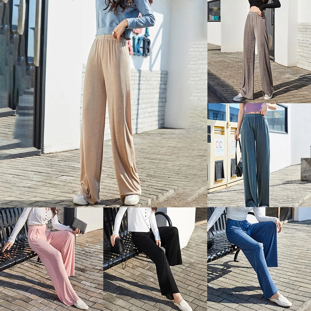 

Spring Autumn Loose Straight Women Ice Silk Trousers High Waist Pleated Pants Simple Thin Simple Straight Wide Leg Long Pants