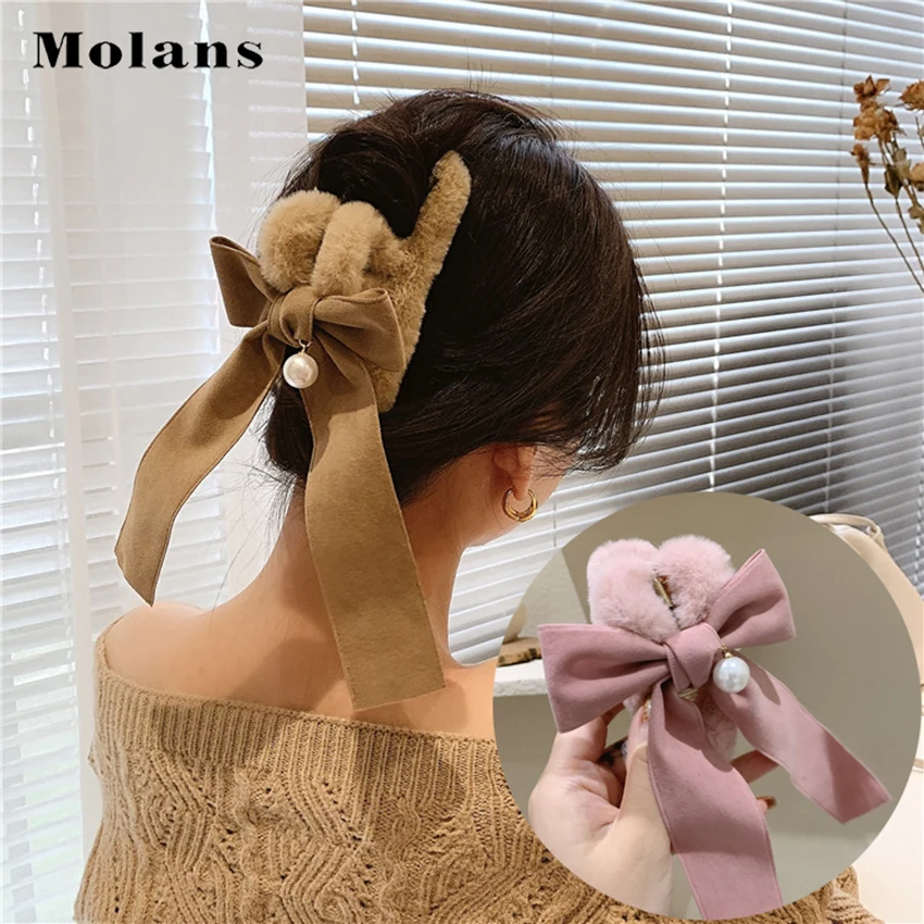 

MOLANS осень/зима девушка пушистый зажим лук шпилька для лент имитация жемчуга Украшение коготь клип дамы аксессуары для волос Новый