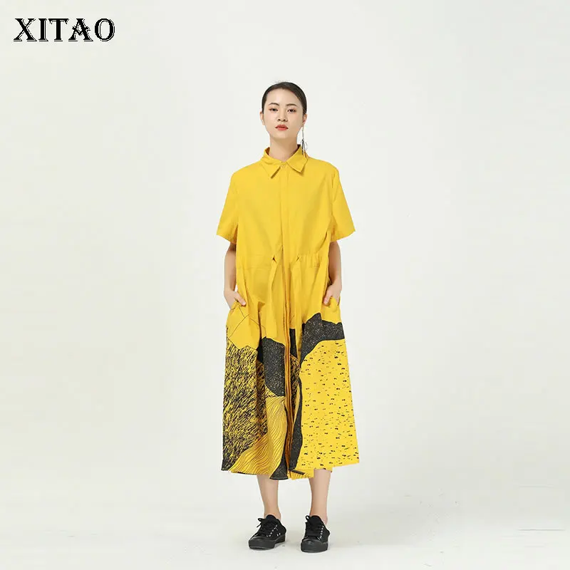 XITAO платье с одной грудью Модное Новое винтажное принтом размера плюс свободное