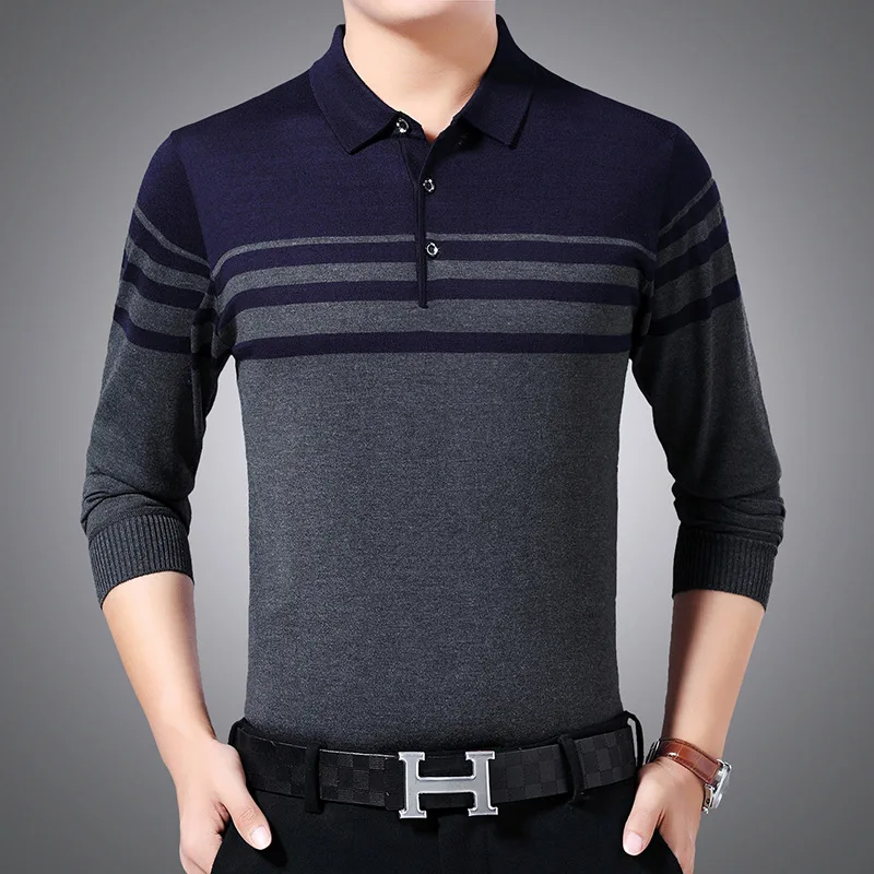 

Весна 2020, новая футболка с длинными рукавами, одежда для папы среднего и пожилого возраста, футболка с отворотом, мужской свитер, подходящая ...