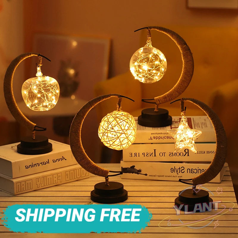 

Led stars / moon / apple / Sepak takraw / Christmas decoration gift handmade hemp rope wrought iron night light party room light