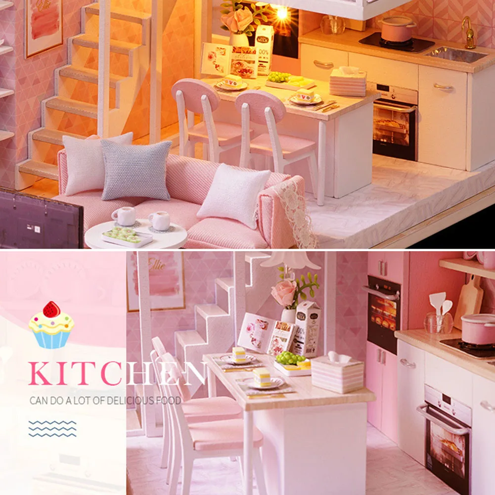 

Assembling Toy Apartment Gift Miniature Kit Wooden LED Light Doll House DIY Christmas Furniture Battery Powered Children Villa