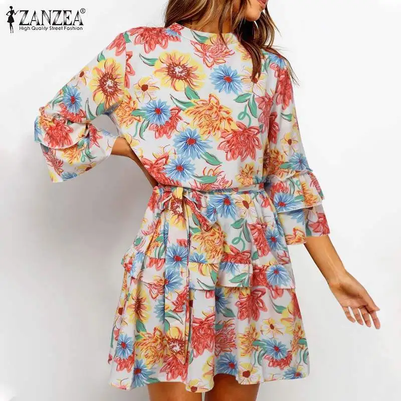 

ZANZEA Summer Bohemian Beach Sundress Women Floral Printed Dress 3/4 Sleeve Ruffles Vestidos Casual Belted Dresses