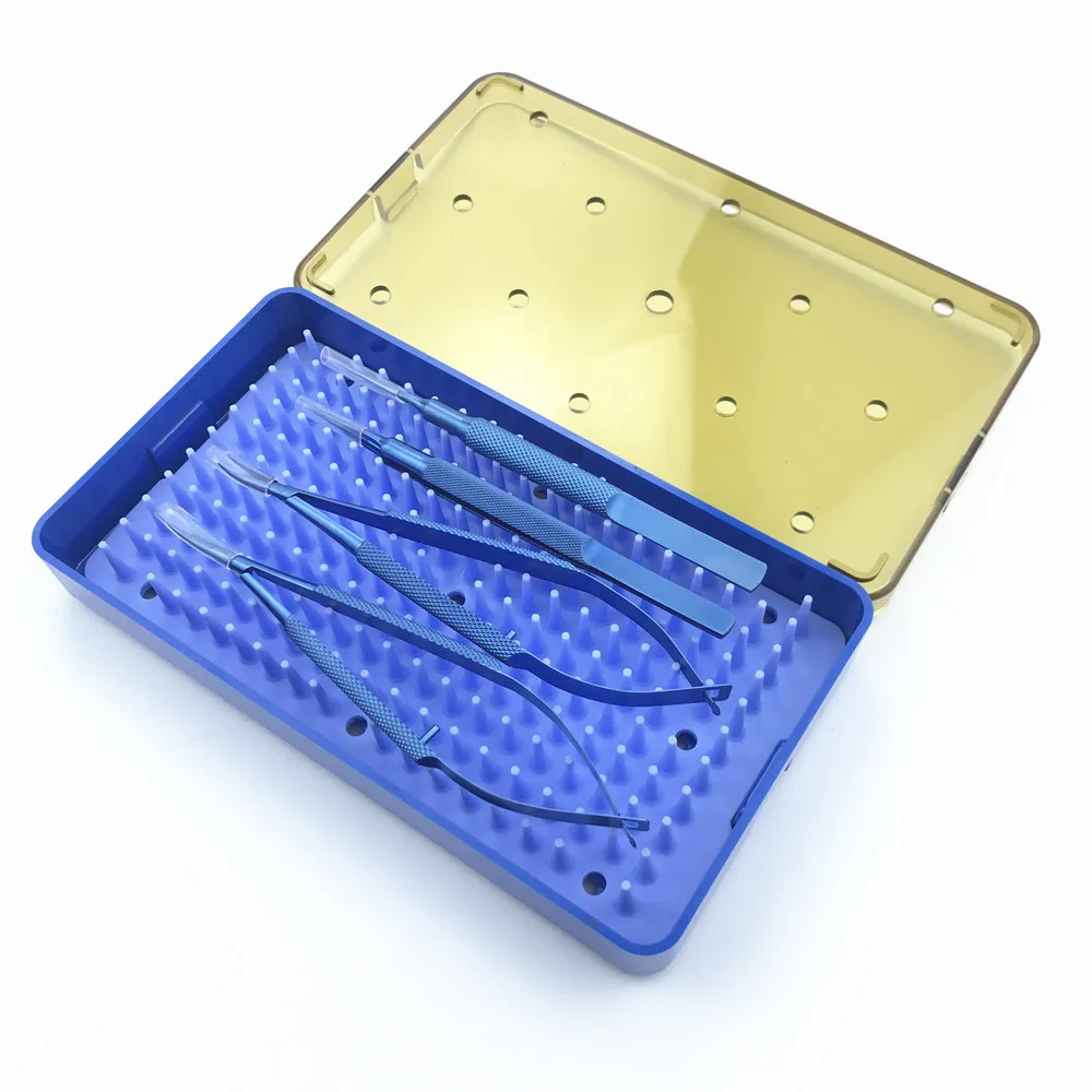 

4pcs titanium Ophthalmic instrument set forcep needle holder scissor with Silicone Sterilization tray
