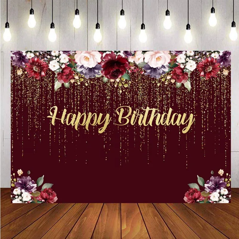 

Happy Birthday Party Backdrop Burgundy Red Flowers Golden Glitter Floral Photography Background Women Lady Girl Cake Table Decor