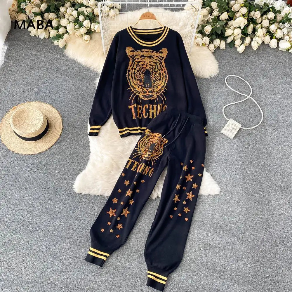 

Luxury Knitted Diamond Two Piece Set Women Clothing Autumn Designer Tiger Pattern Pullover Sweater + High Waist Harem Pants Set