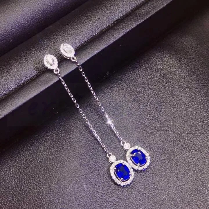 Натуральный настоящий синий сапфир длинные висячие серьги 0.6ct * 2pcs драгоценный