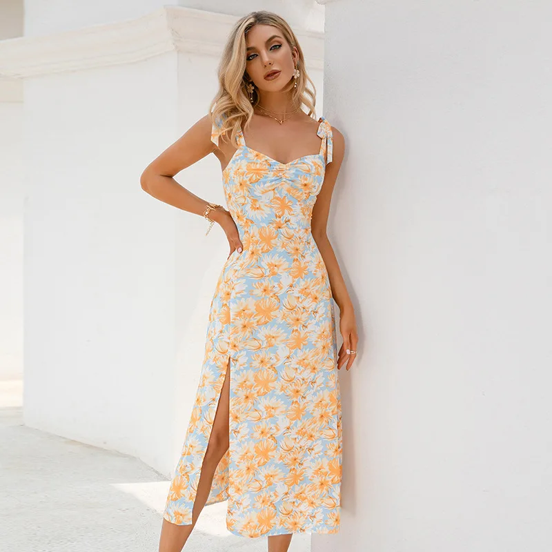 

Женское платье с цветочным принтом, асимметричное летнее платье с квадратным вырезом, бантом на бретельках, без рукавов, с открытой спиной и...