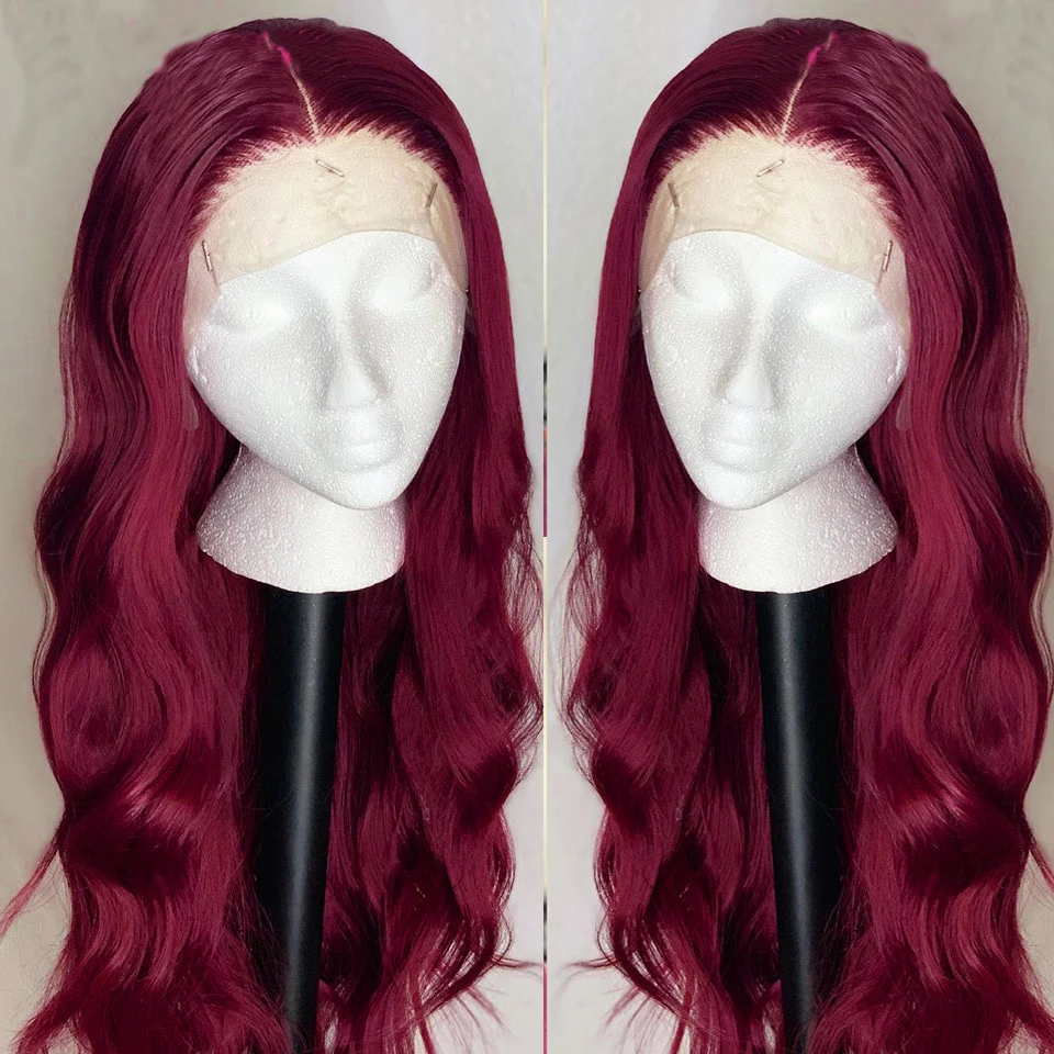 Темно-винный натуральный перука с крупной волной "180% Dark Wine Body Wave Lace Front Wig For Black Women Human Remy Hair With Babyhair Preplucked Brazilian Deep Part Burgundy On"