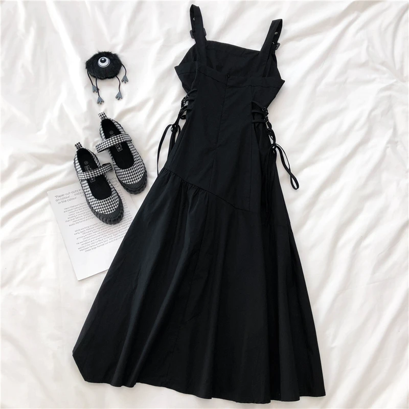 

New Japanese Harajuku Women Streetwear Irregular Sundress Suspenders Gothic Punk Style Black Bandage Dress Sleeveless Slim Dress