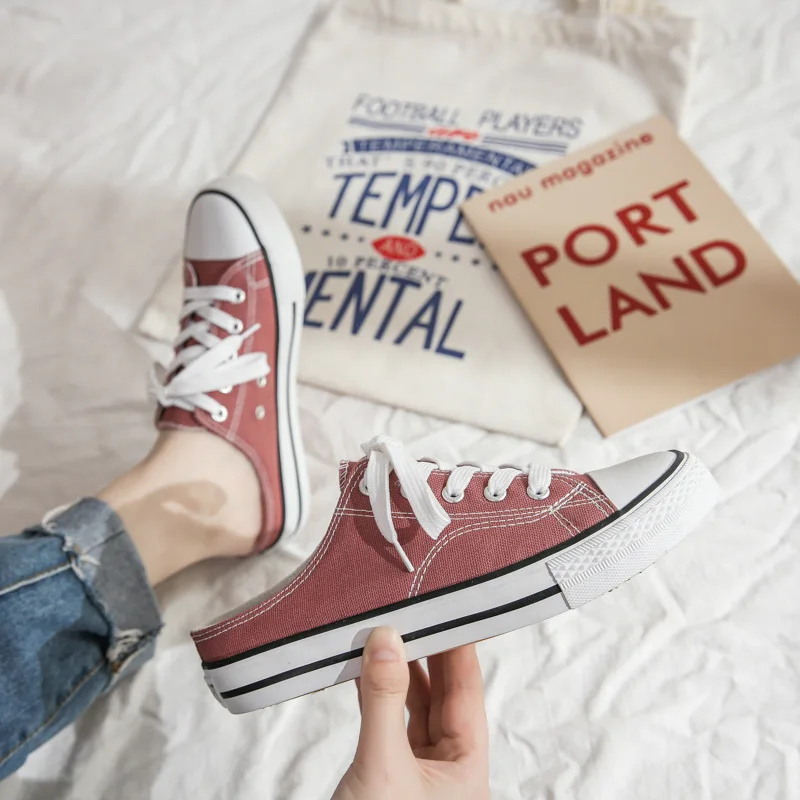 

Canvas shoes Women's shoes2021Summer sail Korean version of wild ins Lazy half slippers Women's shoes board shoes Cloth shoes
