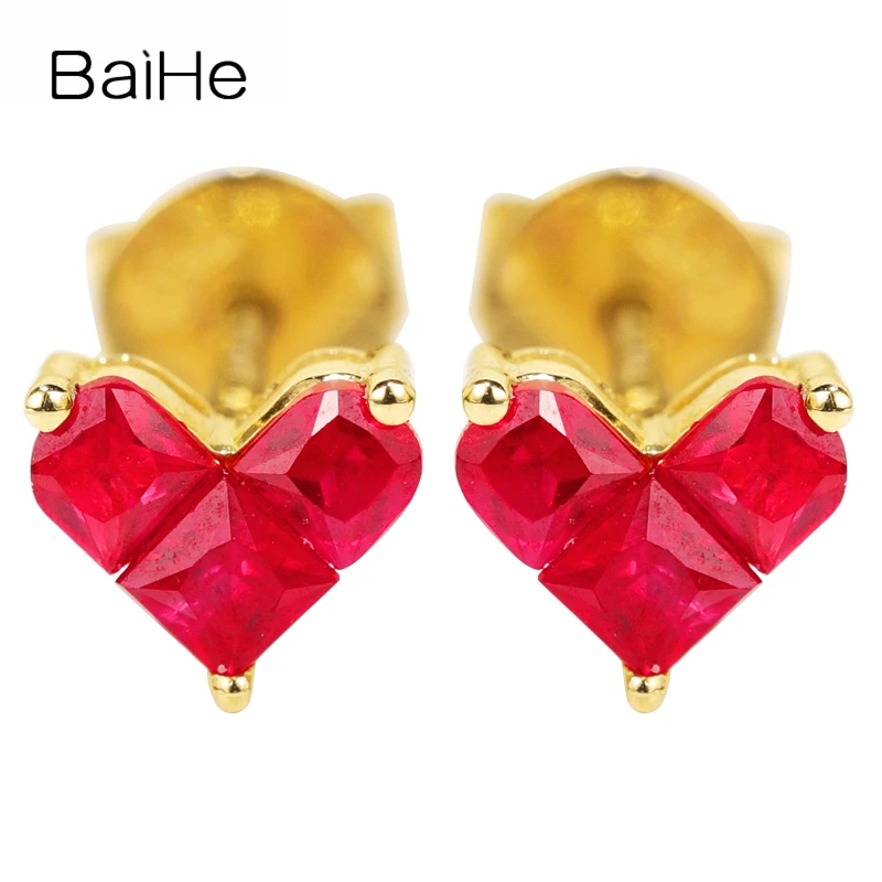 

Серьги BAIHE из настоящего желтого золота 14 к с натуральным Рубином женские, свадебный подарок, Модные Изящные ювелирные изделия в виде сердца