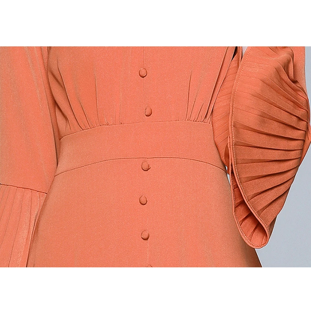 

Simgent Orange Dress 2021 Spring Fashion Women Flare Sleeve Elegant Buttons Pleated Midi Dress Vestidos Robe Femme SG1155