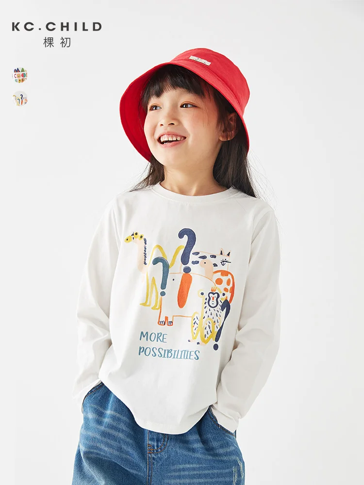 

KC.Child Children's long sleeve T-shirt Boys and Girls Cotton Raglan-sleeve Printed O-neck Top Teen Age2-12Y