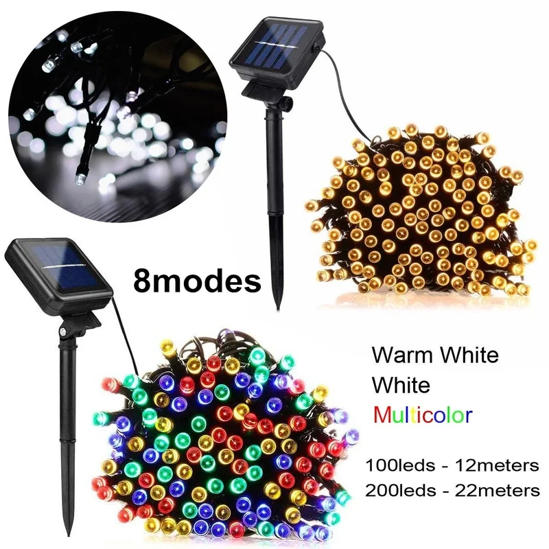 100/200 LED 8 режимов солнечные Рождественские наружные огни водонепроницаемые