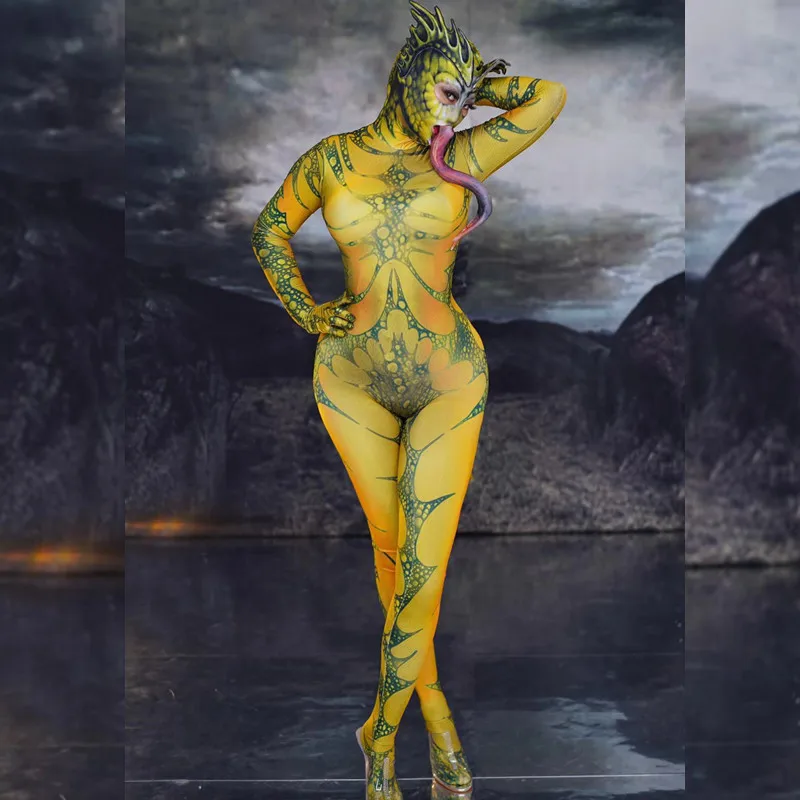 Женский облегающий костюм ящерицы с длинными рукавами для ночного клуба |