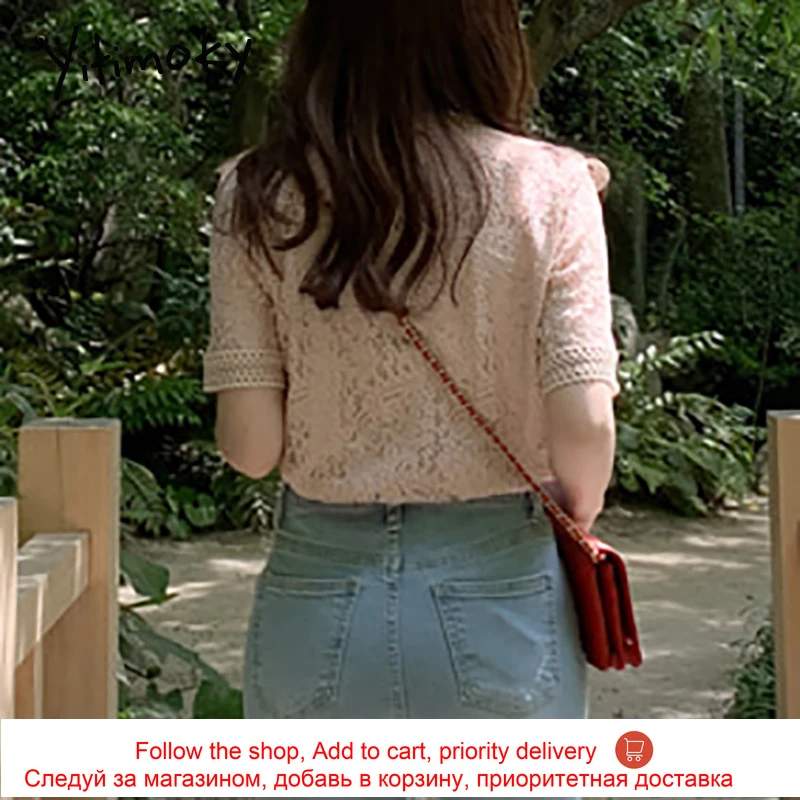 

Yitimoky Lace Women Shirts Blouses Short Sleeve O-Neck Plus Size Summer Tops Korean Fashion Clothes Casual Shirts Slim Pullover