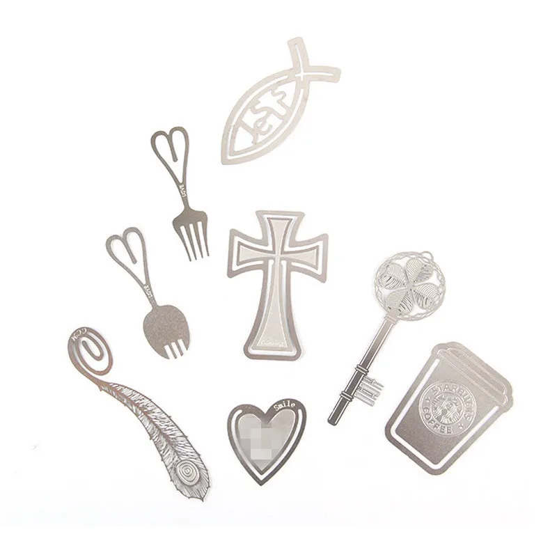 

2pcs Creative Silver Bookmark Clips Stainless Steel Metal Hollow Feather Cross Key Exquisite Book Mark Stationery Office School