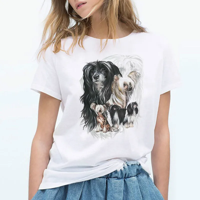

Shirts Women Fashion Crested Dog Graphic Printed T-shirts Women Harajuku Casual White Female O-neck Tops Tee Clothes