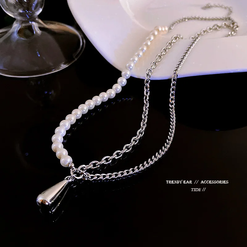 

Asymmetrical design pearl titanium steel necklace female drop-shaped temperament fashion clavicle chain pearl necklace jewelry