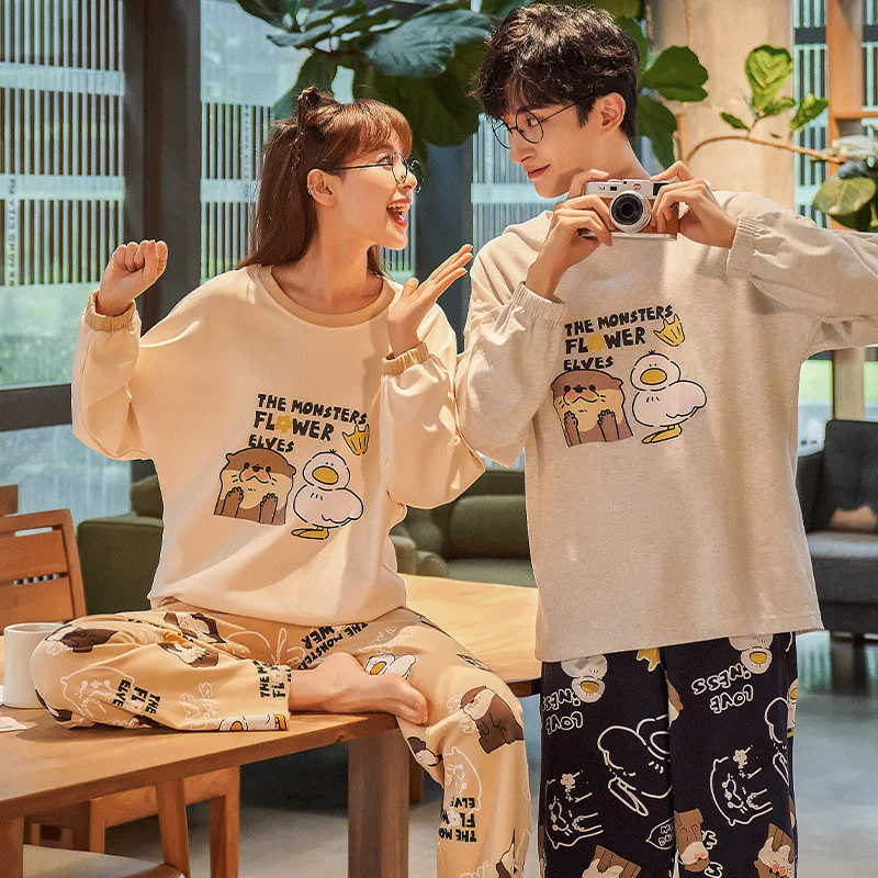 Новинка осенне-зимние хлопковые Пижамные комплекты для пар брюки с круглым