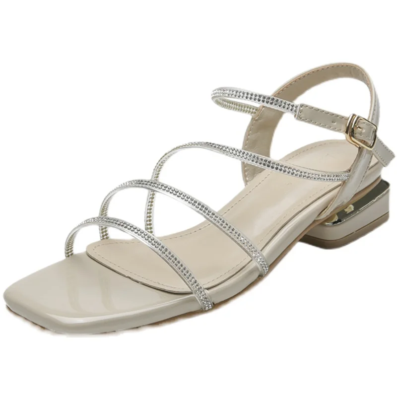 

Clear Heels Comfort Shoes for Women Chunky Sandals All-Match 2021 Summer Suit Female Beige Buckle Strap Med Block Rhinestone New