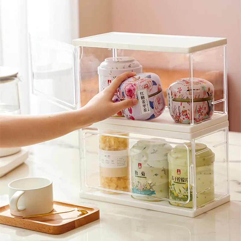 

Pantry Coffee Storage Box Tea Organizer Desktop Transparent Display Stand KitchenTea Service Storage Case Home Snack Container