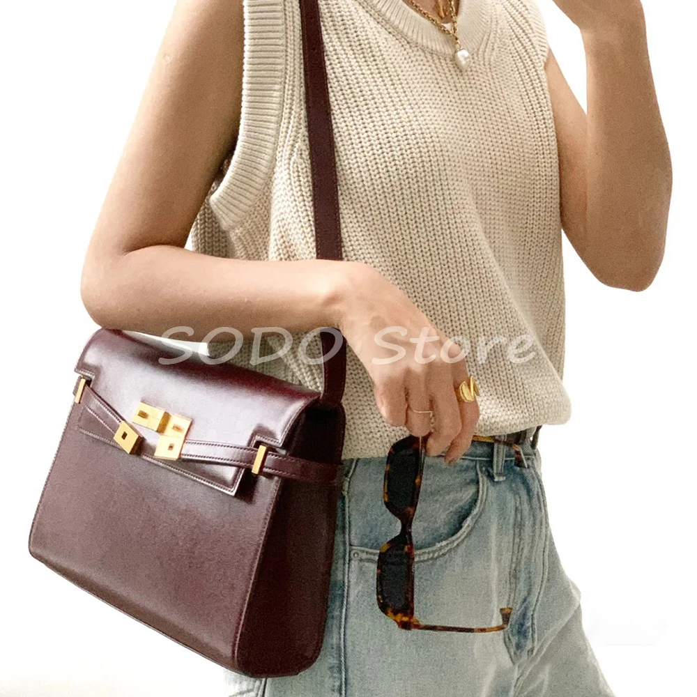 

2021 New Luxury Female Leather Hand Bag Manhattan Crocodile/Plain Grain Cowhide Flap Messenger Bag Portable One Shoulder Bag