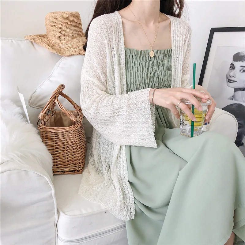 iClosam Casual Cardigan Sweaters Women Hollow Out Knitted Summer White Knitwear Cardigans Open Front Long Sleeve Female Sweater |