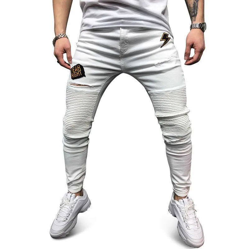 

White Pants Men Pleated Hip Hop Skinny Jeans