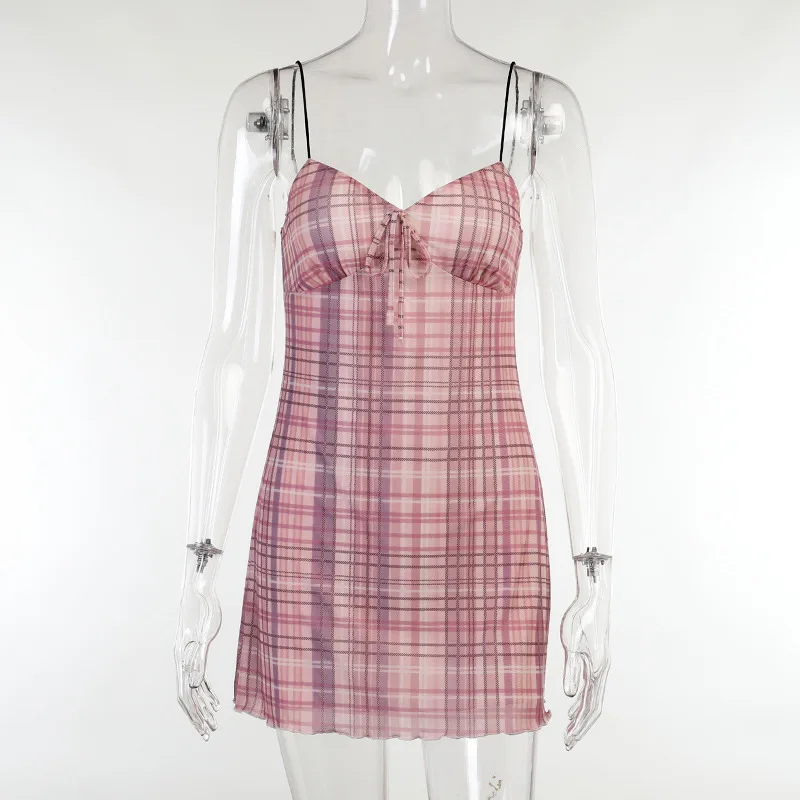 

Plaid Dress Women Spaghetti Strap Bodycon Dress 2021 Ladies Backless Bow Sexy Dresses Vestidos Robes