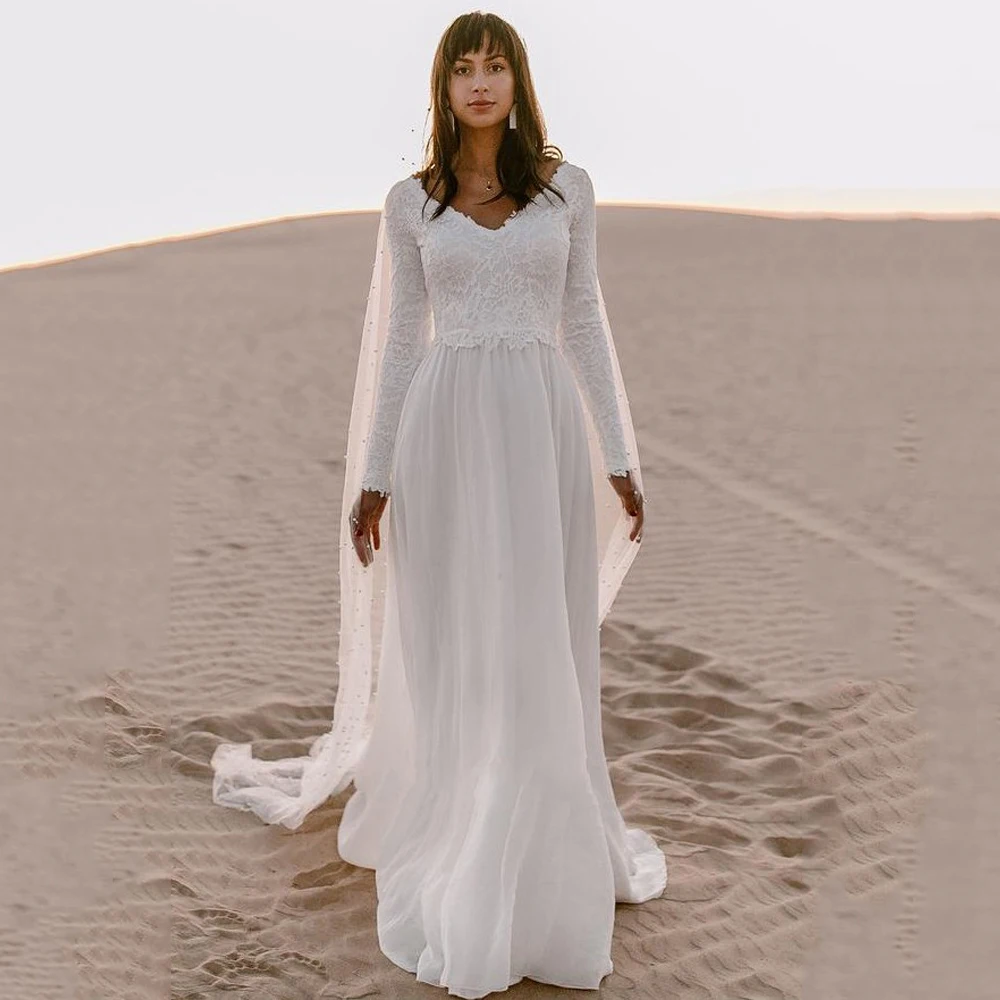 

Boho Beach Wedding Dress Custom Long Sleeves V Neck Backless Bohemian Bridal Gowns Sweep Train Chiffon Wedding Dresses