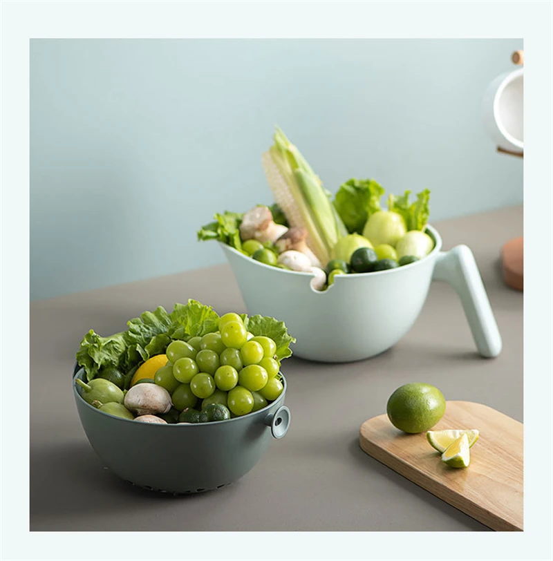 

Double Drain Basket Vegetable Basket Bowl Fruit Vegetable Rice Washing Basket Plastic Kitchen Storage Tools Clean Colander Tool