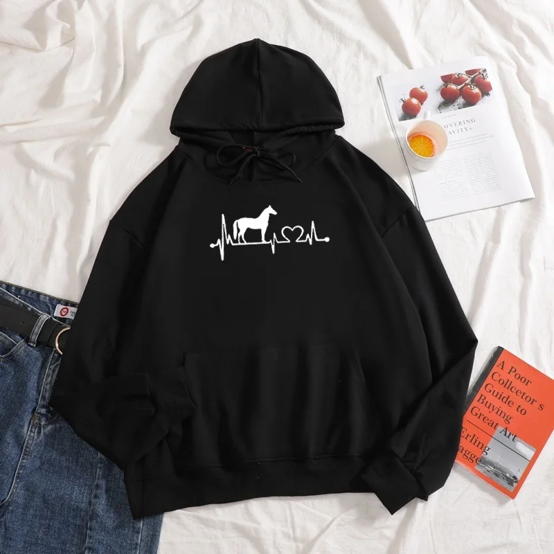 

New 2020 fashion Horse heartbeat line Print Women hoodie Cotton Casual Funny drawcord hoodies For Lady Girl