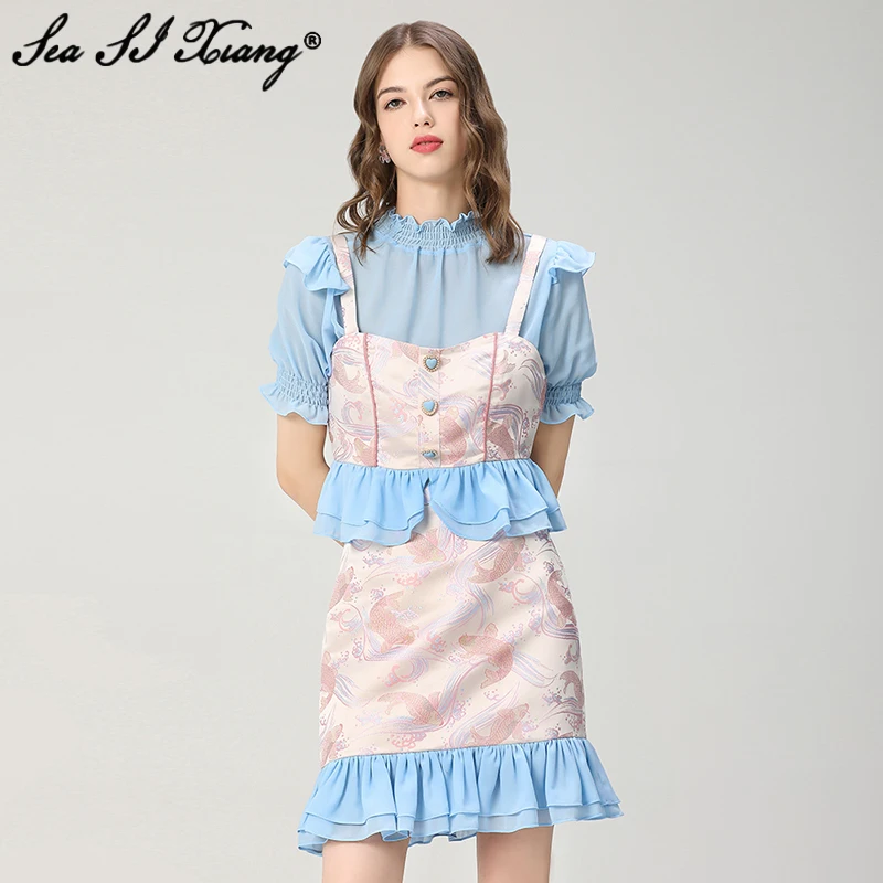 

Seasixiang Fashion Print Summer Suit Women Stand Collar Puff Sleeve Tops + Ruffles Skirts Patchwork Two Piece Set