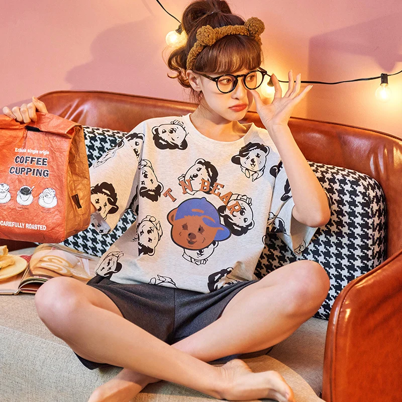 

Kawaii Room Wear Girls Summer Gray Short Sleeve Pajamas Set O-neck Cotton Homewear Cartoon Hip Hop Little Bears Cute Sleepwear