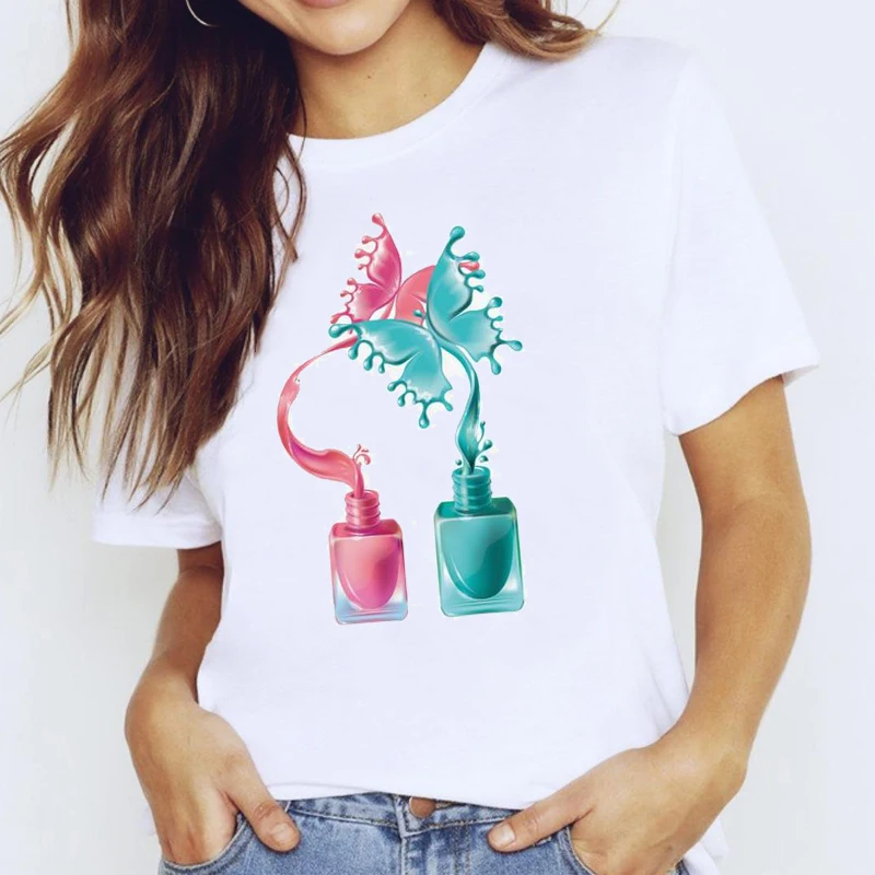 Футболки для женщин топ 90 х мультяшная Акварельная одежда ногтевого дизайна