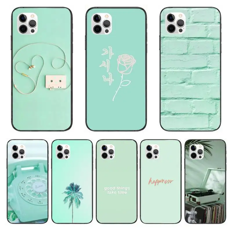 

Mint Green Aesthetics Phone Case For IPhone 11 12 13 Mini Pro XS Max 6 7 8 Plus 6S X XR Black Cover Shell