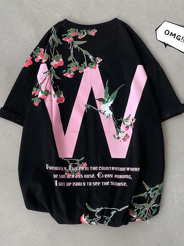 

T-shirt Hong Kong Style Couple Wear Pastoral Printed Men's Short Sleeve Large Size Loose Student Clothes Korean Fashion Summer