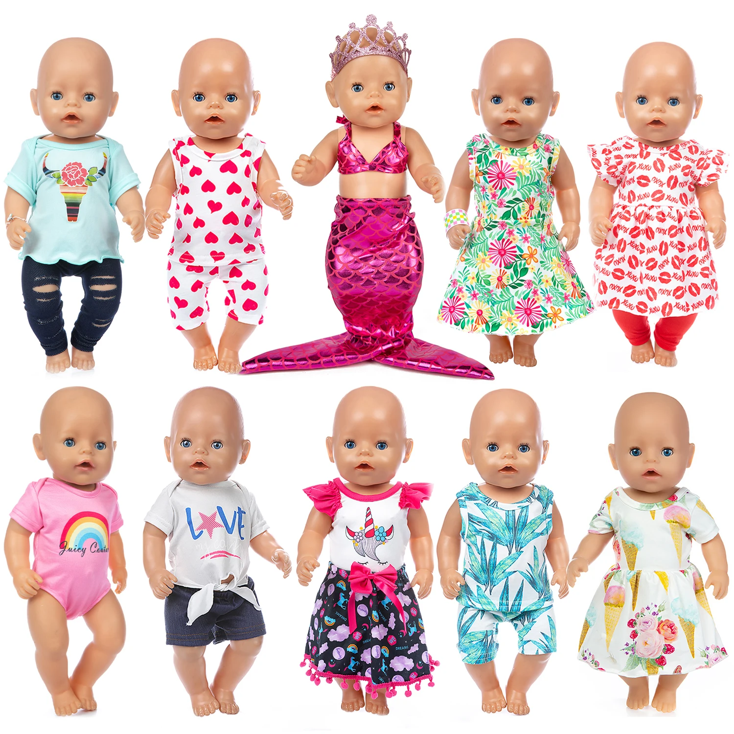 

2021 New Baby New Born Fit 18 inch Doll Clothes Accessories Crown Mermaid Red Heart Homewear Clothes For Baby Birthday Gift