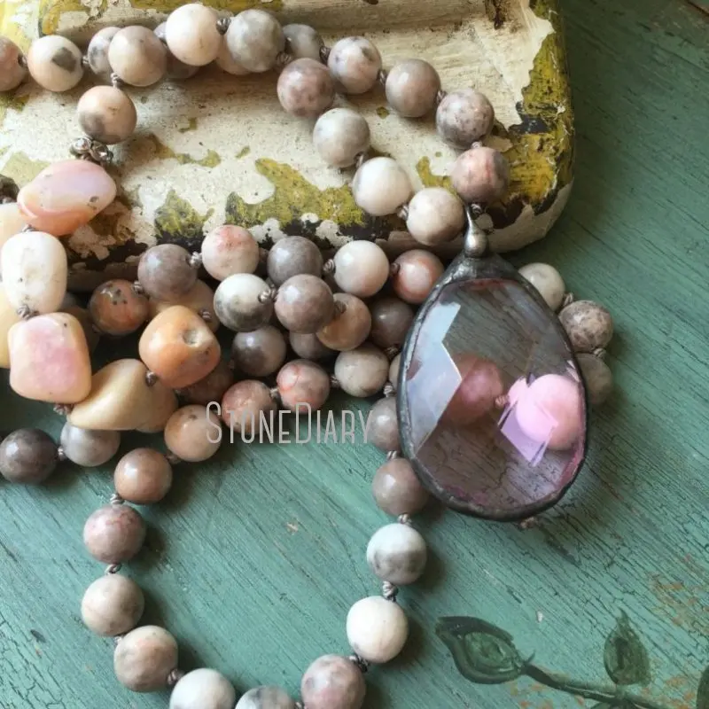 

NM18449 Bohemian Romantic Gunblack Zebra Jasper Hand Knotted Solder Teardrop Crystal Pendant Shabby Glam Necklace