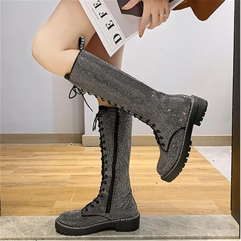 Fashion Sexy Women's Lace-Up Knees High Long Boots Bling Rhinestone Leather Platform Martin Boots Black Silver Zapatos Drop Ship